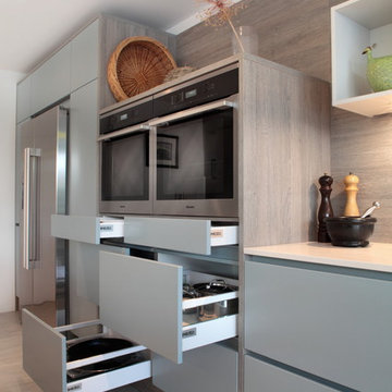 Matt grey & blue kitchen with built in appliances