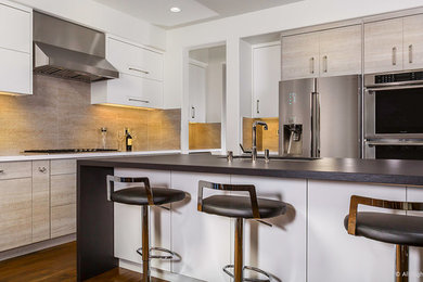 Foto de cocina moderna grande con armarios con paneles lisos y una isla