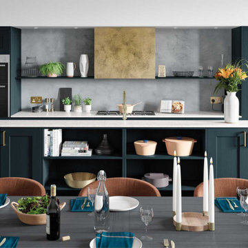 Matte Marine Shaker-style Kitchen and Dining Area