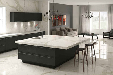 Large contemporary kitchen in Other with tile countertops, grey splashback and porcelain flooring.