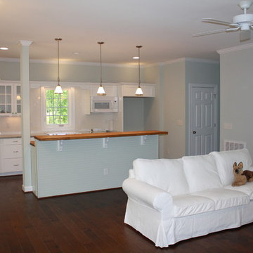 Mayo Lake Cottage Living Room Beadboard Kitchen Ikea white sofa slipcovered