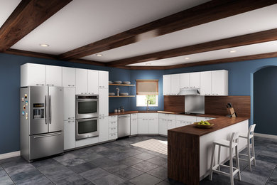 Large transitional l-shaped slate floor eat-in kitchen photo in New York with an undermount sink, flat-panel cabinets, white cabinets, wood countertops, metallic backsplash, metal backsplash, stainless steel appliances and a peninsula