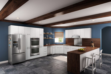 Design ideas for a large classic l-shaped kitchen/diner in New York with a submerged sink, flat-panel cabinets, white cabinets, wood worktops, metallic splashback, metal splashback, stainless steel appliances, slate flooring and a breakfast bar.