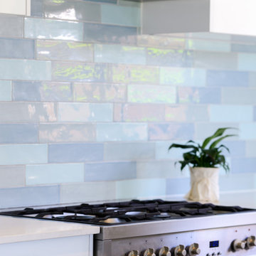 Coastal Kitchen with blue tiled splashback
