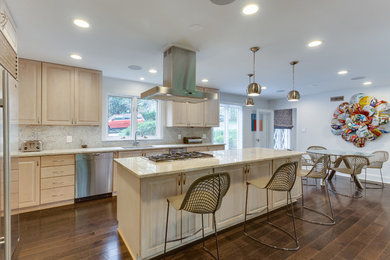 This is an example of a large contemporary kitchen in DC Metro with a single-bowl sink, raised-panel cabinets, light wood cabinets, granite worktops, stone slab splashback, stainless steel appliances, dark hardwood flooring and an island.