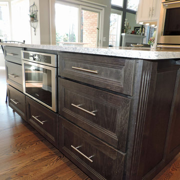 Medallion White with pewter highlights/Smoke Maple island and Aria quartz Kitche