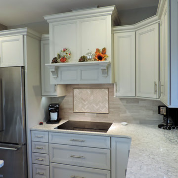 Medallion White with pewter highlights/Smoke Maple island and Aria quartz Kitche