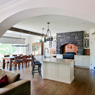 Design ideas for an expansive midcentury eat-in kitchen in Ottawa with shaker cabinets, beige cabinets, quartzite benchtops, stainless steel appliances, vinyl floors and with island.