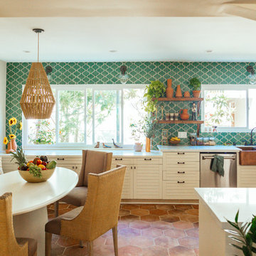 Mediterranean Kitchen with Blue Green Wave Tile