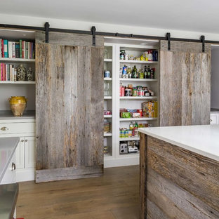 Diseño de cocina de estilo de casa de campo, de tamaño medio, con armarios con paneles empotrados, puertas de armario blancas, encimera de cuarcita, electrodomésticos de acero inoxidable, suelo de madera clara, una isla y suelo marrón