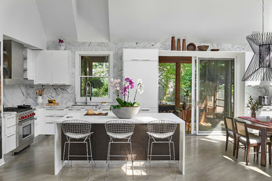 Cette image montre une cuisine design avec des portes de placard blanches.