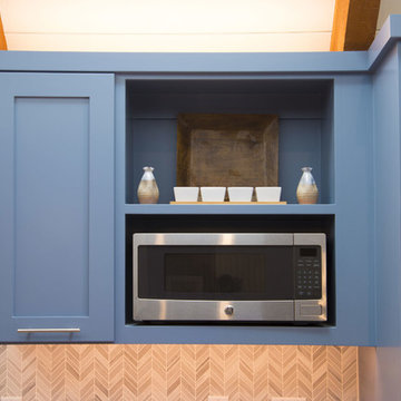 Microwave Shelf in Blue Shake Cabinets in Contemporary Kitchen