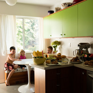 Design ideas for a small midcentury u-shaped separate kitchen in Vancouver with a double-bowl sink, flat-panel cabinets, green cabinets, laminate benchtops, white splashback, ceramic splashback, stainless steel appliances, linoleum floors, no island and grey floor.