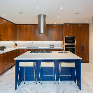 Design ideas for a large midcentury l-shaped separate kitchen in Other with a double-bowl sink, flat-panel cabinets, medium wood cabinets, quartz benchtops, white splashback, mosaic tile splashback, stainless steel appliances, marble floors, with island, white floor and white benchtop.