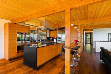 Offene, Zweizeilige Mid-Century Küche mit flächenbündigen Schrankfronten, hellbraunen Holzschränken und Küchengeräten aus Edelstahl in Santa Barbara