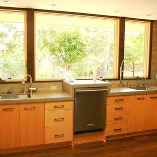 Design ideas for a mid-sized midcentury u-shaped open plan kitchen in Other with an undermount sink, flat-panel cabinets, medium wood cabinets, concrete benchtops, grey splashback, cement tile splashback, stainless steel appliances, dark hardwood floors and no island.