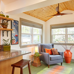 This is an example of a small midcentury l-shaped separate kitchen in Louisville with an undermount sink, flat-panel cabinets, light wood cabinets, quartz benchtops, metallic splashback, porcelain splashback, stainless steel appliances, linoleum floors, no island, green floor and grey benchtop.