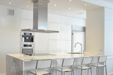 Example of a minimalist galley dark wood floor eat-in kitchen design in New York with an undermount sink, flat-panel cabinets, white cabinets, marble countertops, paneled appliances and a peninsula