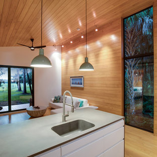 Immagine di una piccola cucina minimal con parquet chiaro, pavimento multicolore, lavello integrato, ante lisce, ante bianche, top in cemento, paraspruzzi a finestra, elettrodomestici in acciaio inossidabile, penisola e top grigio