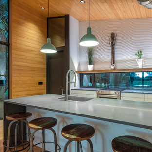 Small contemporary single-wall open plan kitchen in Tampa with an integrated sink, flat-panel cabinets, white cabinets, concrete benchtops, window splashback, stainless steel appliances, light hardwood floors, a peninsula, multi-coloured floor and grey benchtop.