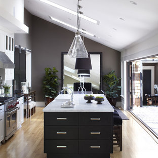Huge transitional eat-in kitchen photos - Eat-in kitchen - huge transitional single-wall light wood floor, brown floor and vaulted ceiling eat-in kitchen idea in San Francisco with shaker cabinets, black cabinets, marble countertops, subway tile backsplash, stainless steel appliances, an undermount sink, brown backsplash, an island and white countertops