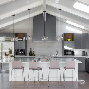 Large beach style l-shaped dark wood floor and brown floor open concept kitchen photo in San Francisco with a single-bowl sink, flat-panel cabinets, gray cabinets, gray backsplash, stainless steel appliances, an island, quartz countertops and ceramic backsplash