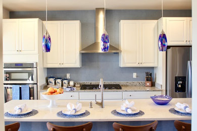 ボルチモアにある小さなトランジショナルスタイルのおしゃれなキッチン (エプロンフロントシンク、レイズドパネル扉のキャビネット、白いキャビネット、御影石カウンター、青いキッチンパネル、無垢フローリング、ベージュのキッチンカウンター) の写真