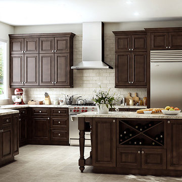 Mocha cabinets still make a statement with natural stone accents enhanced with s