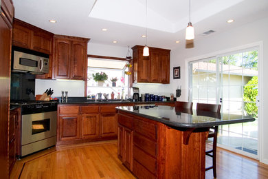 Enclosed kitchen - mid-sized modern l-shaped medium tone wood floor and brown floor enclosed kitchen idea in Chicago with an undermount sink, raised-panel cabinets, dark wood cabinets, quartz countertops, stainless steel appliances, an island and black countertops