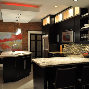 Inspiration for a contemporary kitchen in Toronto with flat-panel cabinets, black cabinets and multi-coloured splashback.
