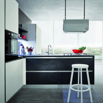 Modern black and white kitchen with shelving