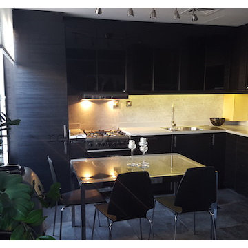 Modern, black, Lounge type kitchen