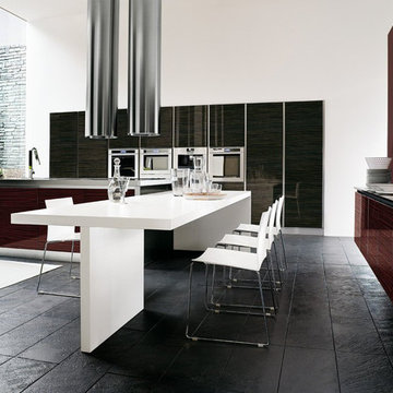 Modern brown white and burgandy kitchen