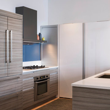 White Modern Loft Kitchen with Full Wall Storage + Appliance Garage
