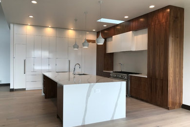 Large minimalist l-shaped medium tone wood floor and brown floor open concept kitchen photo in Denver with an undermount sink, flat-panel cabinets, white cabinets, quartz countertops, white backsplash, ceramic backsplash, stainless steel appliances, an island and white countertops
