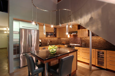 Eat-in kitchen - mid-sized modern l-shaped eat-in kitchen idea in Raleigh with flat-panel cabinets, light wood cabinets, stainless steel appliances and an island