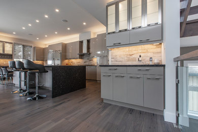 Inspiration for a large modern l-shaped open concept kitchen remodel in Toronto with an undermount sink, flat-panel cabinets, gray cabinets, granite countertops, multicolored backsplash, ceramic backsplash, stainless steel appliances, an island and gray countertops