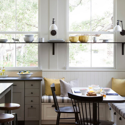 Eat-in kitchen - cottage eat-in kitchen idea in Austin with recessed-panel cabinets and gray cabinets