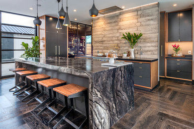 Large trendy u-shaped open concept kitchen photo in San Francisco with an undermount sink, flat-panel cabinets, gray cabinets, marble countertops, brown backsplash, wood backsplash, stainless steel appliances and an island