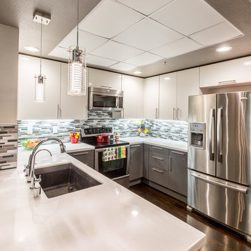 Modern Gray and White kitchen, with Polished Snow White Granite Slab