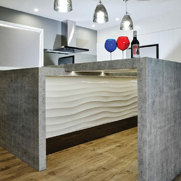 Modern grey and white kitchen with grey terrazzo countertop