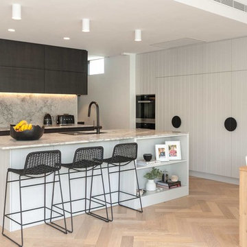 Modern, Grey V-Groove Kitchen with Butlers Pantry