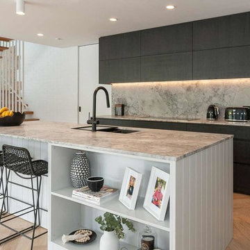 Modern, Grey V-Groove Kitchen with Butlers Pantry