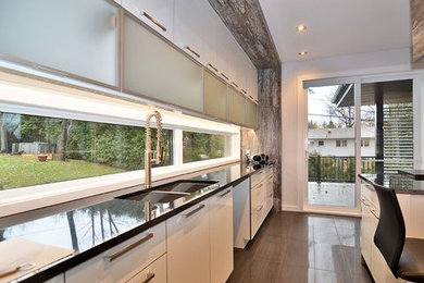 Minimalist single-wall kitchen photo in Montreal with a double-bowl sink, glass-front cabinets and white cabinets