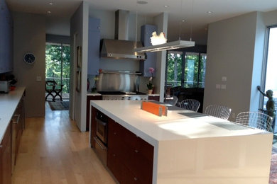 Foto de cocina lineal minimalista grande con una isla, puertas de armario de madera en tonos medios y electrodomésticos de acero inoxidable