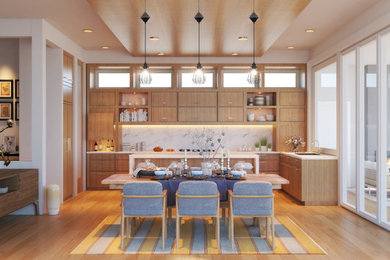 This is an example of a large modern l-shaped kitchen/diner in DC Metro with a submerged sink, flat-panel cabinets, light wood cabinets, composite countertops, white splashback, marble splashback, integrated appliances, light hardwood flooring, an island and brown floors.