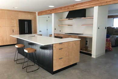 Foto på ett stort funkis vit kök, med en undermonterad diskho, släta luckor, skåp i ljust trä, bänkskiva i kvarts, svarta vitvaror, betonggolv, en köksö och grått golv