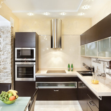 Modern Kitchen interior in warm tones with hardwood Furniture