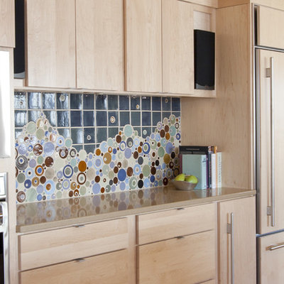 Open concept kitchen - huge modern u-shaped light wood floor open concept kitchen idea in Minneapolis with mosaic tile backsplash, multicolored backsplash, flat-panel cabinets, light wood cabinets, stainless steel appliances, an undermount sink, an island and quartz countertops
