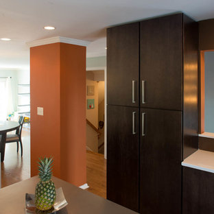 Mid-sized contemporary eat-in kitchen designs - Mid-sized trendy galley medium tone wood floor eat-in kitchen photo in DC Metro with flat-panel cabinets, black cabinets, stainless steel appliances and an island